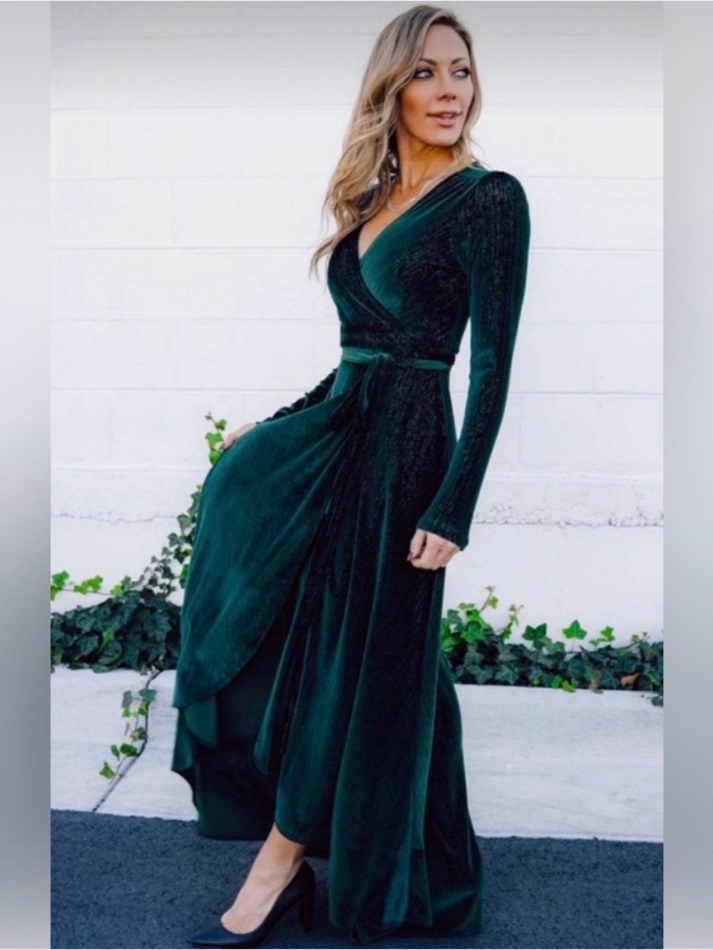 EUC Baltic Born Serena Shimmer Velvet Wrap Maxi Dress Metallic Forest Green